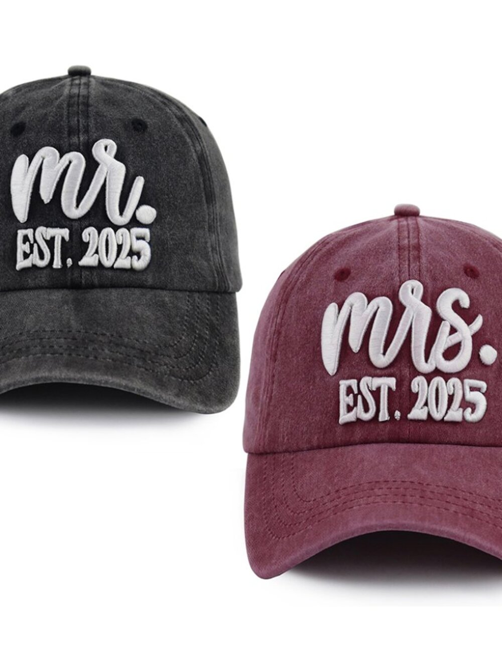 2 PCS Mr and Mrs Est 2025 Hats for Men Women, 3D Embroidered Adjustable Cotton